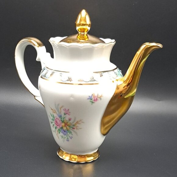 Vintage Bavaria Porcelain Teapot Gold Trim Floral Design - Picture 4 of 16